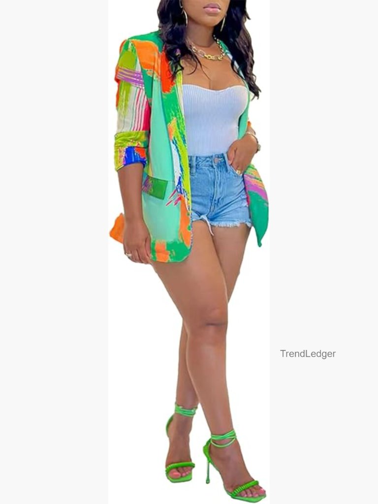 Printed Blazer Jacket Long Sleeve Open Front Casual Multicolor Top